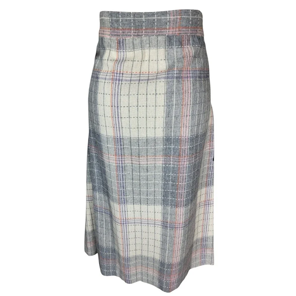 VTG 70s Wool Blend Grey Pink Plaid Tweed Midi Secretary Academia Librarian Skirt